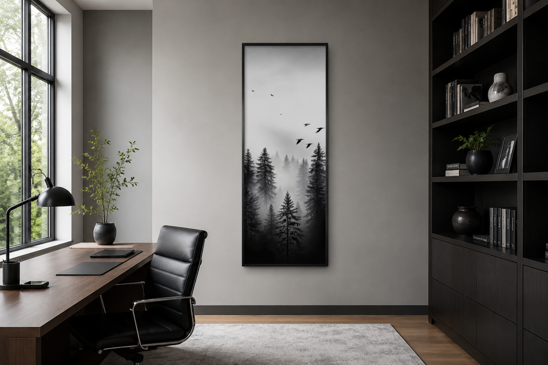Tall narrow vertical framed canvas wall art featuring a black and white foggy forest scene.