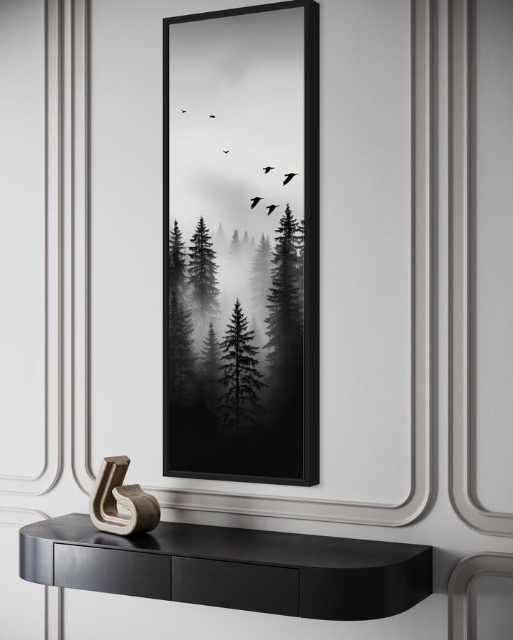 Tall Narrow Foggy Forest Black White Vertical Framed Canvas Wall Art