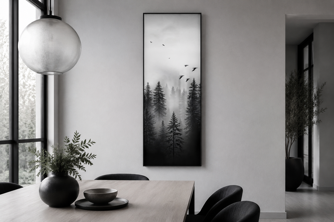 Tall narrow black and white vertical framed canvas wall art featuring a foggy forest and birds.