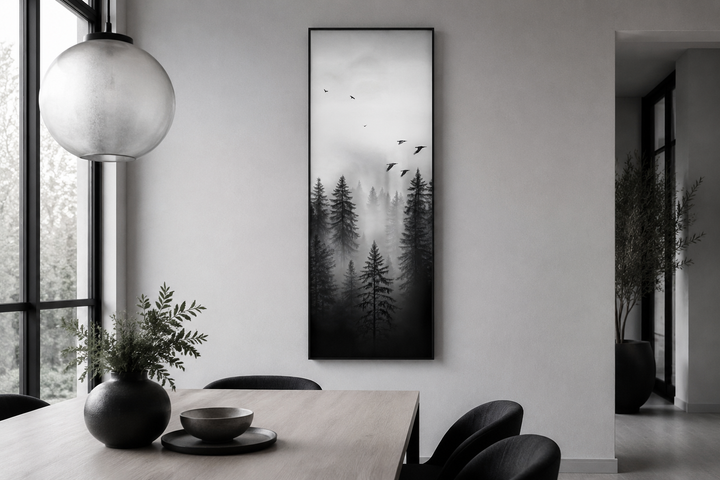 Tall narrow black and white vertical framed canvas wall art featuring a foggy forest and birds.
