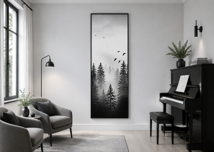 Tall narrow vertical framed canvas wall art featuring a black and white foggy forest with birds.