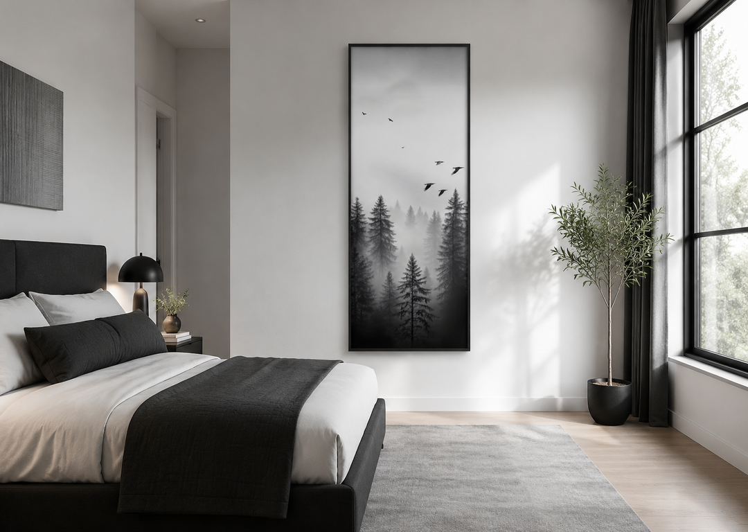 Tall narrow vertical framed canvas wall art featuring a black and white foggy forest with birds.