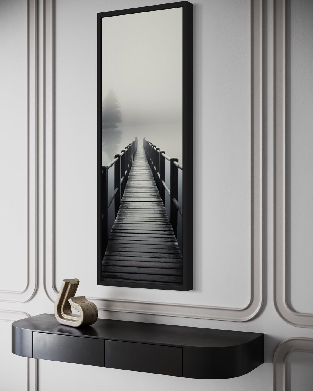 Tall Narrow Foggy Lake With Pier/Dock Black White Vertical Framed Canvas Wall Art