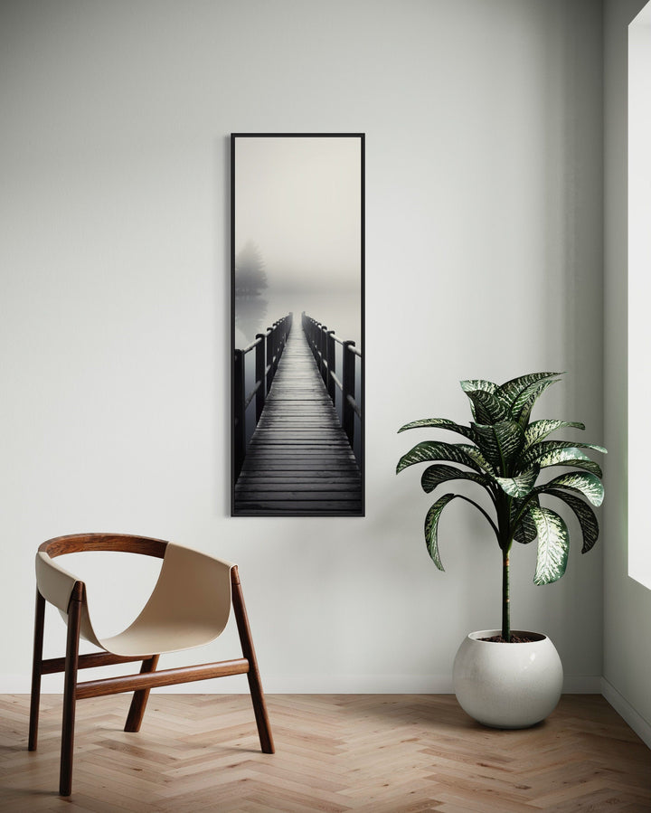 Tall Narrow Foggy Lake With Pier/Dock Black White Vertical Framed Canvas Wall Art