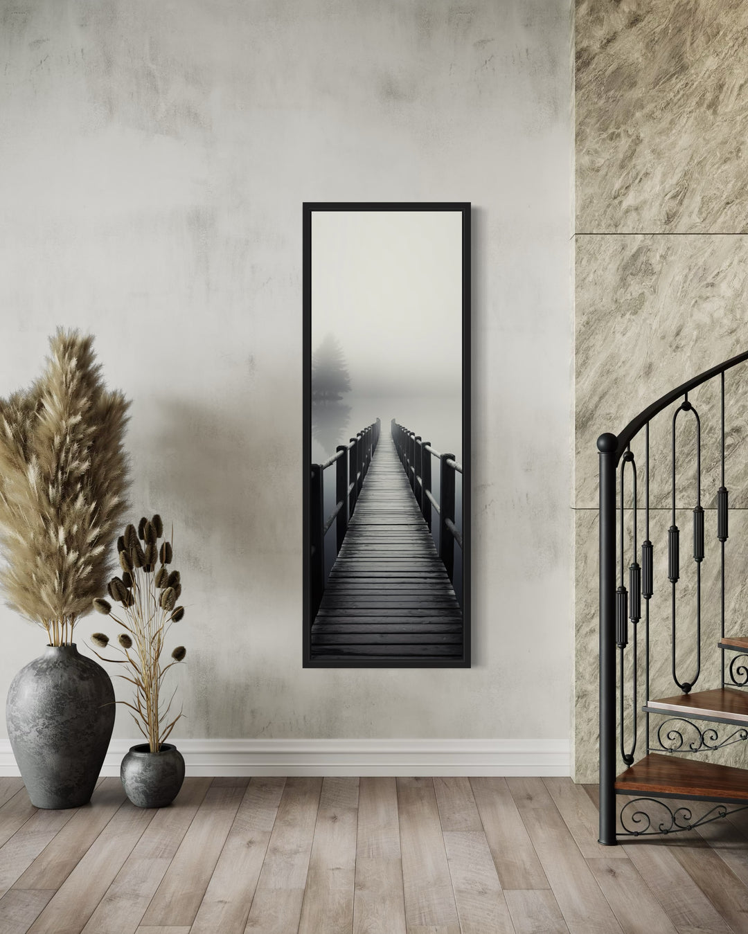 Tall Narrow Foggy Lake With Pier/Dock Black White Vertical Framed Canvas Wall Art