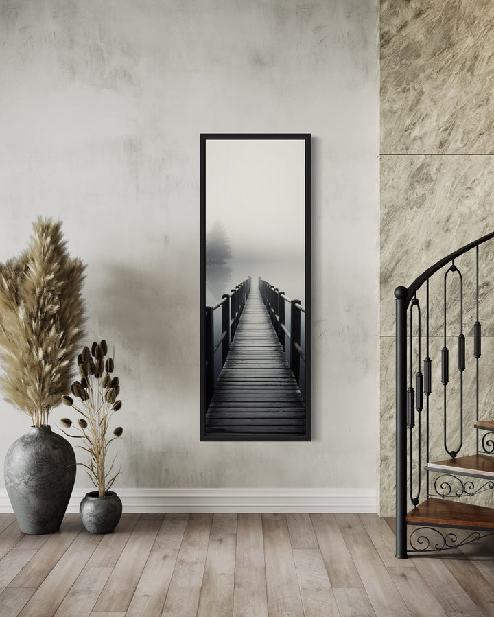 Tall Narrow Foggy Lake With Pier/Dock Black White Vertical Framed Canvas Wall Art