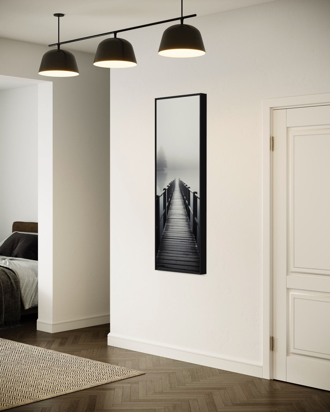 Tall Narrow Foggy Lake With Pier/Dock Black White Vertical Framed Canvas Wall Art