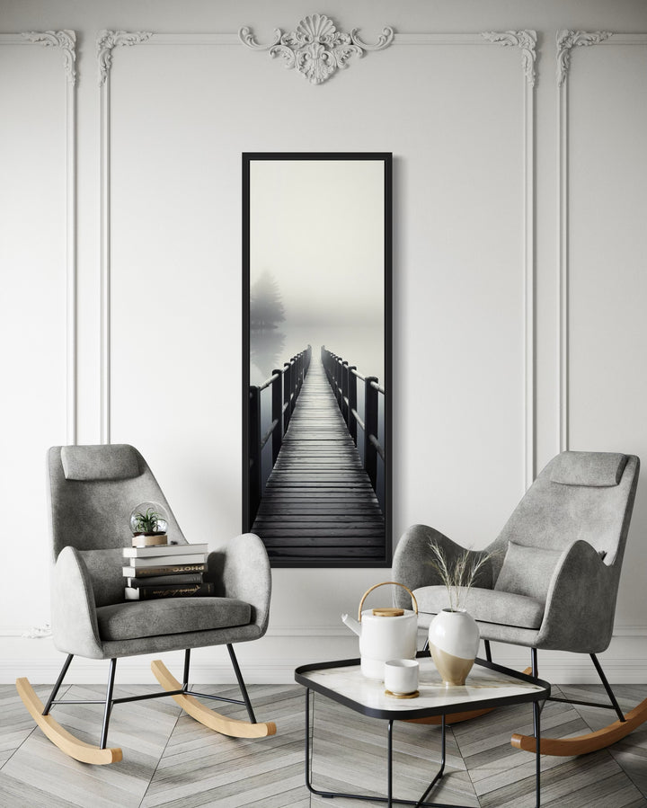 Tall Narrow Foggy Lake With Pier/Dock Black White Vertical Framed Canvas Wall Art