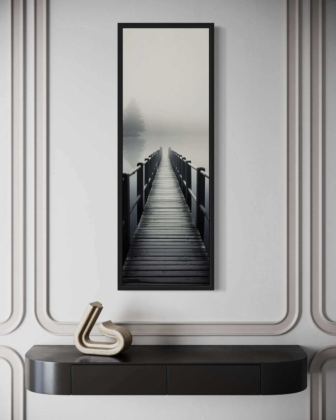 Tall Narrow Foggy Lake With Pier/Dock Black White Vertical Framed Canvas Wall Art