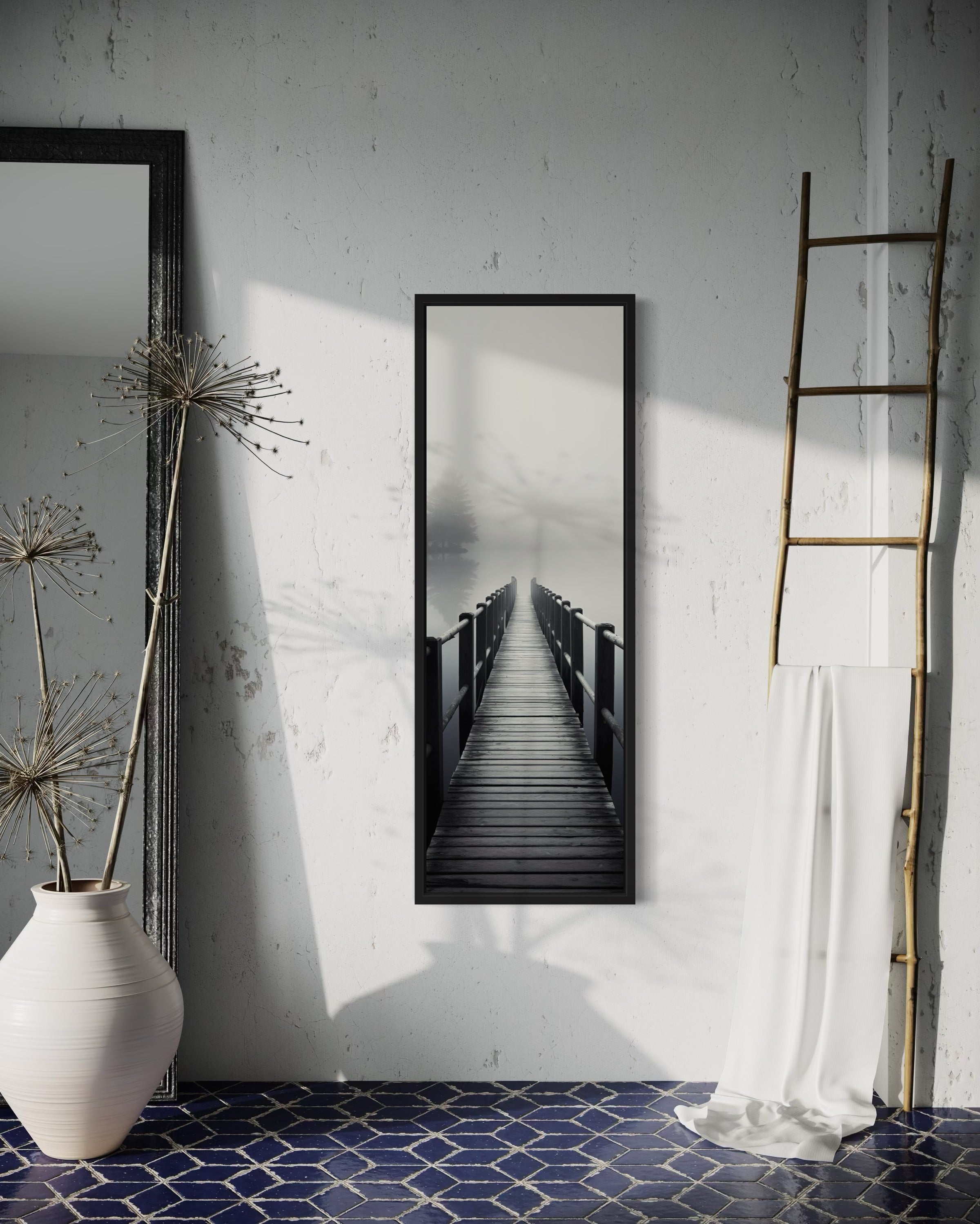 Foggy Lake Pier B&W Vertical Canvas Wall Art | Serene Decor – Wall