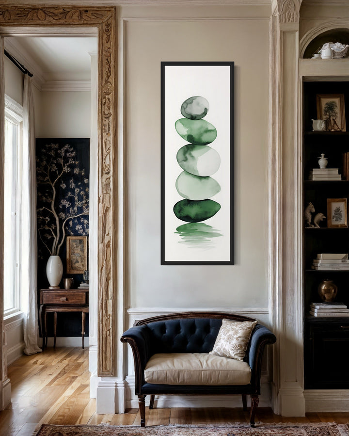 Tall Narrow Forest Green White Stacked Rocks Vertical Framed Canvas Wall Art close up