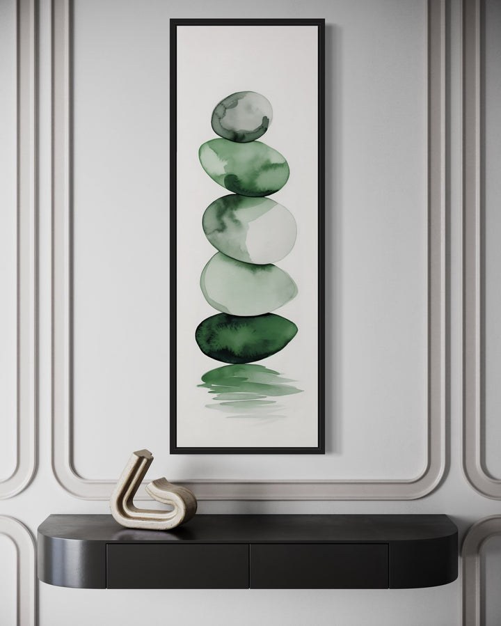 Tall Narrow Forest Green White Stacked Rocks Vertical Framed Canvas Wall Art side view