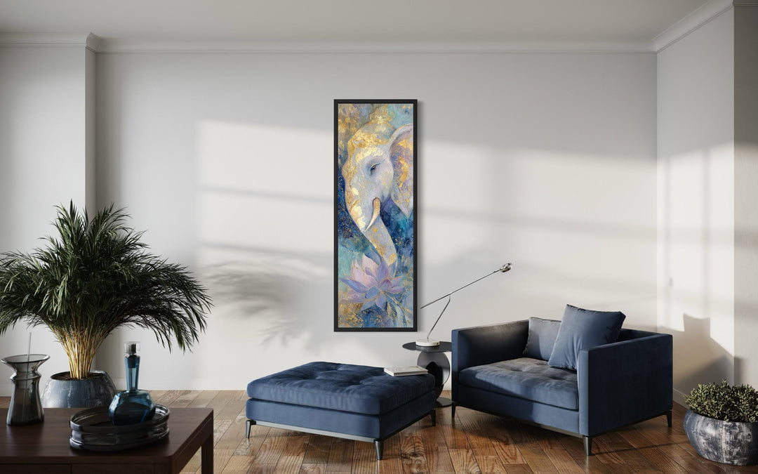 Tall narrow wall art of a blue and gold Ganesh on a lotus in a modern living room.
