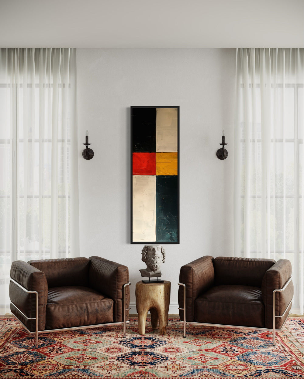 Tall narrow vertical wall art with geometric blocks of black, white, red, and yellow on a white wall