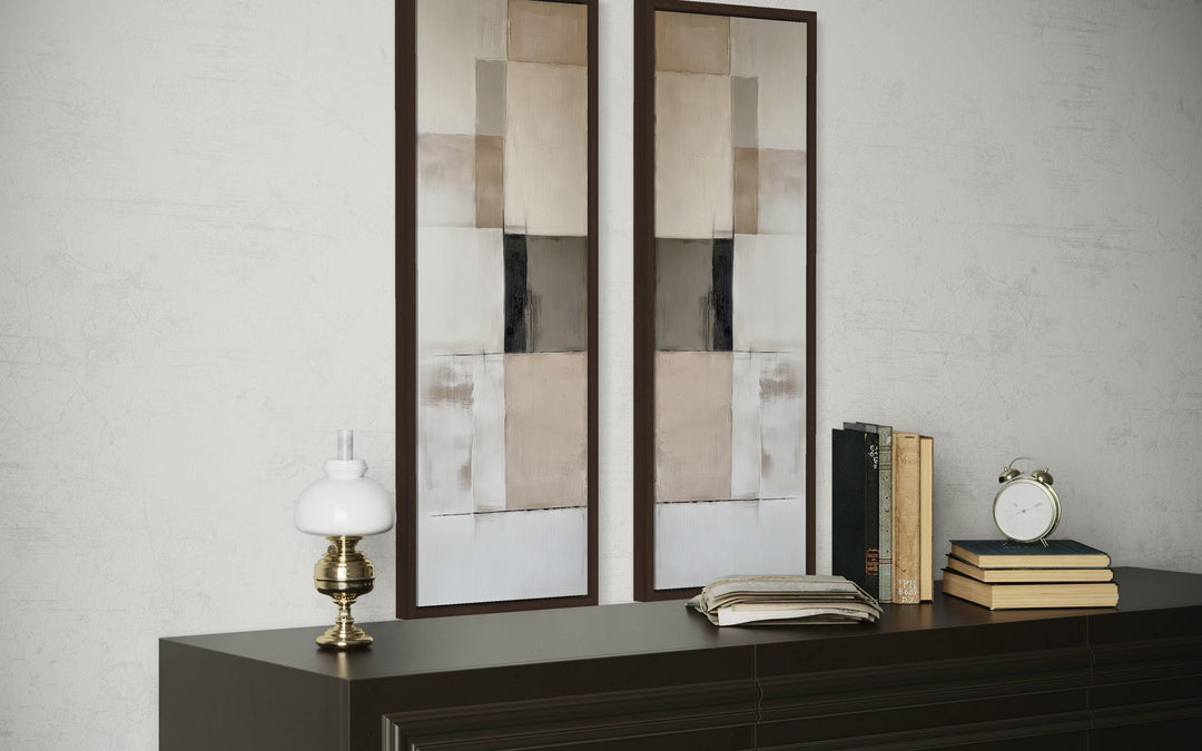 Narrow Geometric Neutral Abstract Set of 2 Canvas Wall Art in dark frames on a white wall.