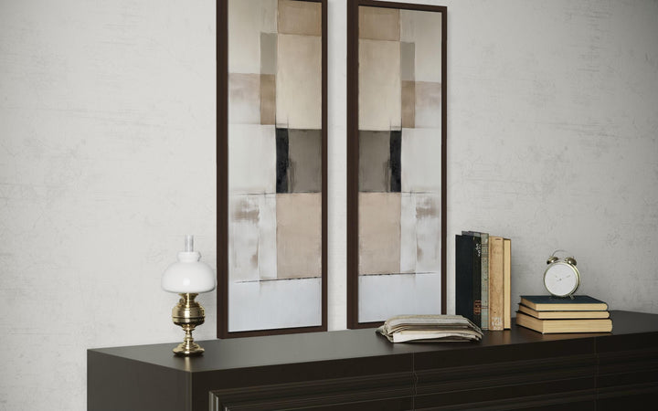 Narrow Geometric Neutral Abstract Set of 2 Canvas Wall Art in dark frames on a white wall.