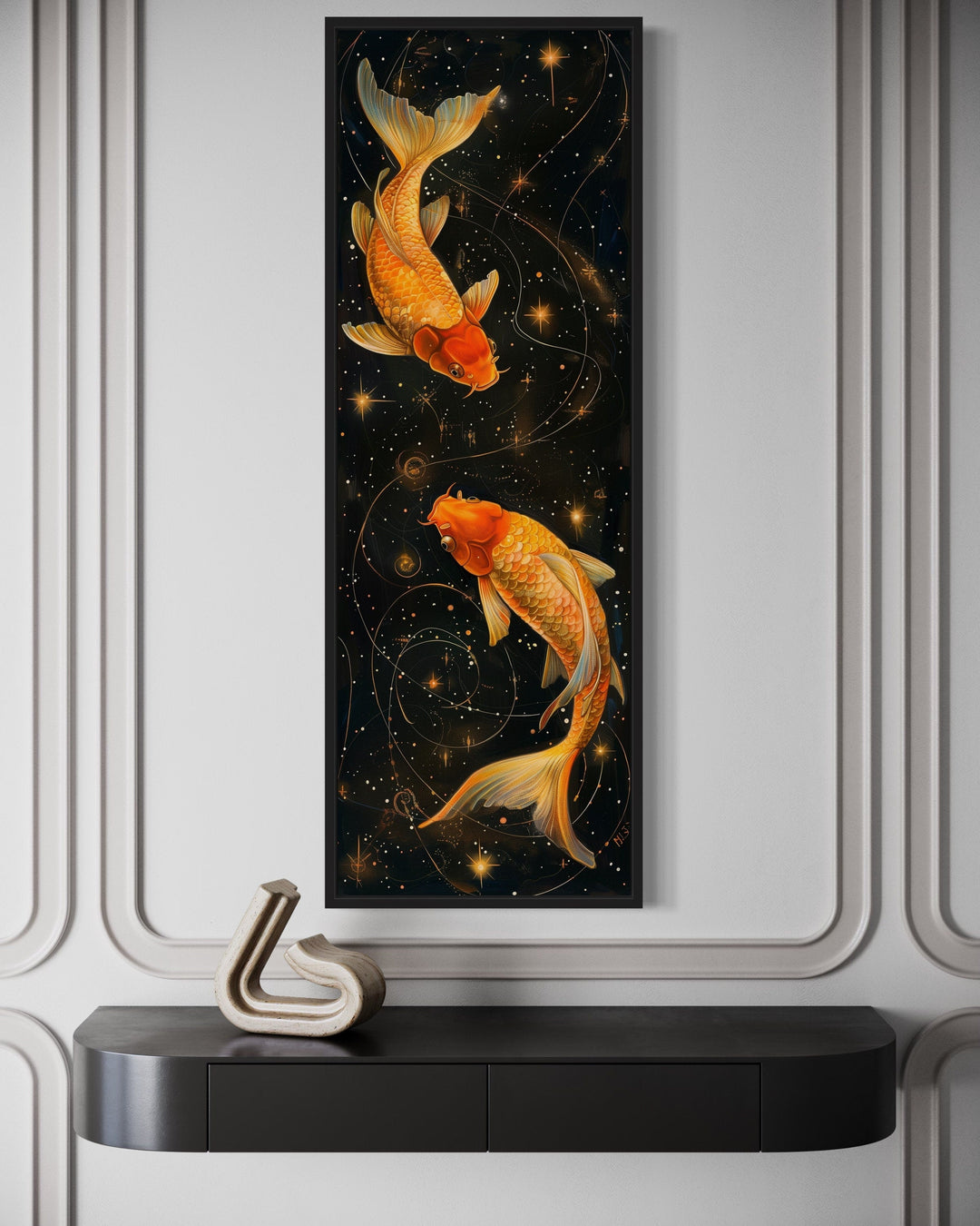 Tall Narrow Gold Fish On Black Vertical Framed Canvas Wall Art