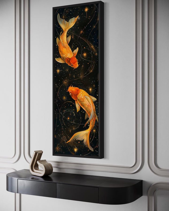 Tall Narrow Gold Fish On Black Vertical Framed Canvas Wall Art