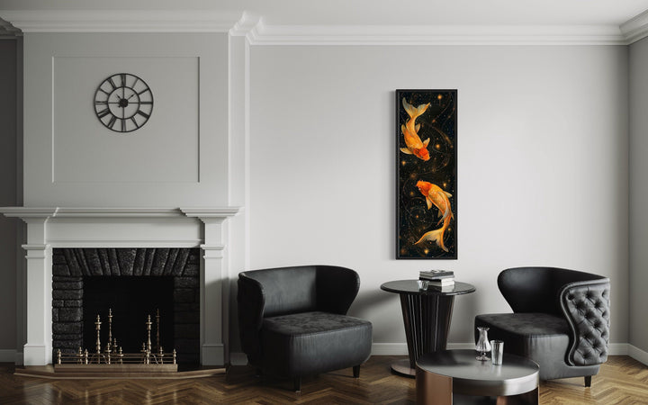 Tall Narrow Gold Fish On Black Vertical Framed Canvas Wall Art