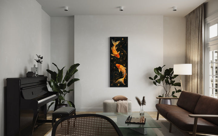 Tall Narrow Gold Fish On Black Vertical Framed Canvas Wall Art