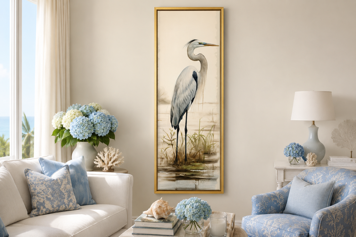 Tall narrow framed canvas wall art featuring a graceful great egret in a coastal setting.