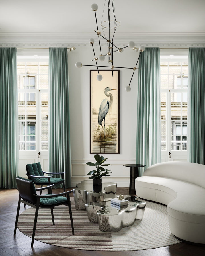 Tall narrow framed canvas wall art featuring a graceful great egret in a serene coastal setting.