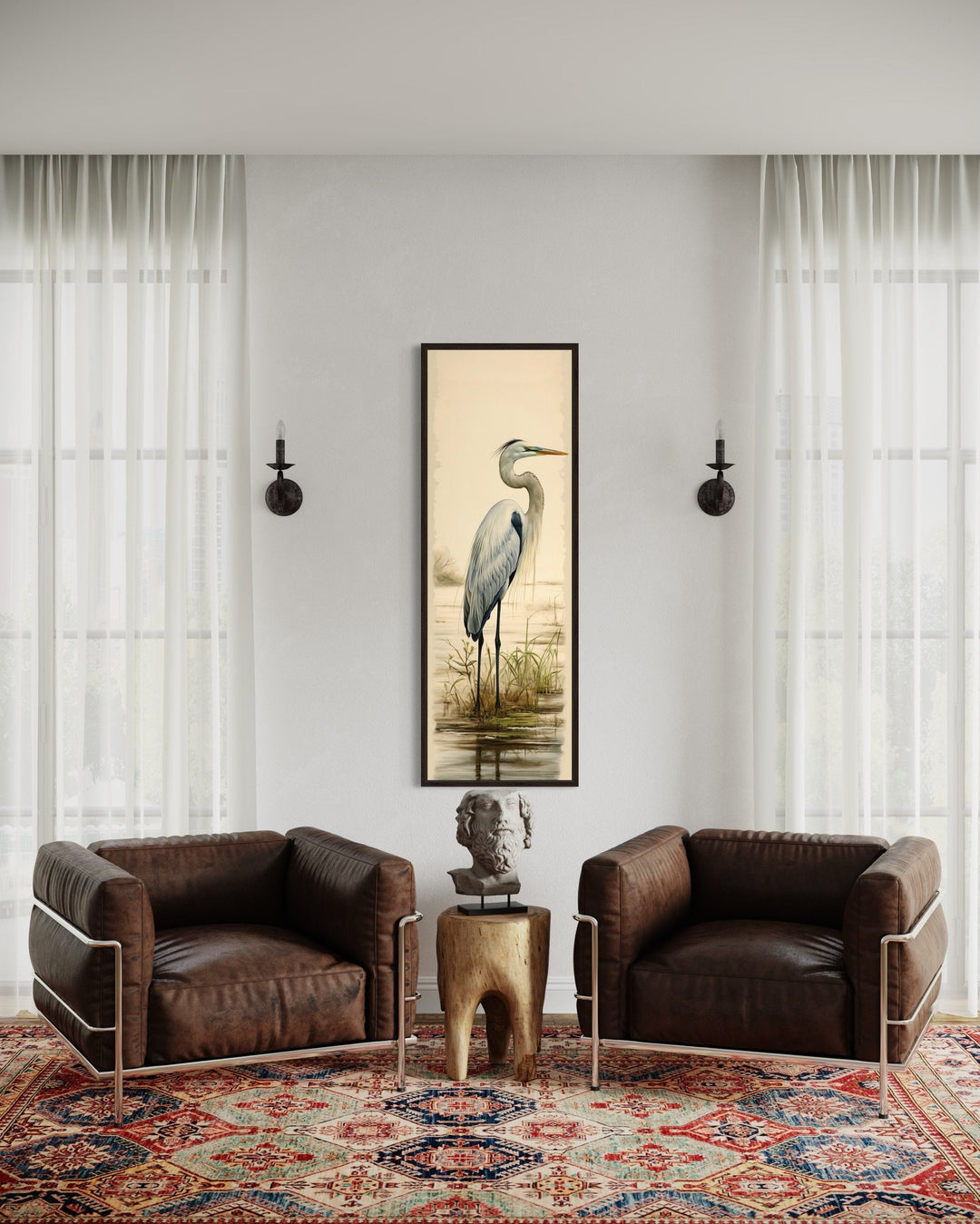 Tall narrow framed canvas wall art featuring a graceful great egret in a coastal landscape.