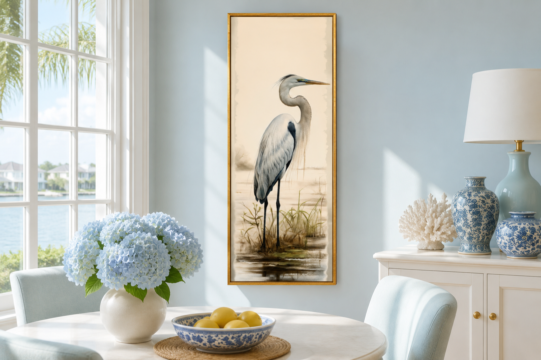 Tall narrow framed canvas wall art featuring a great egret in a coastal watercolor style.