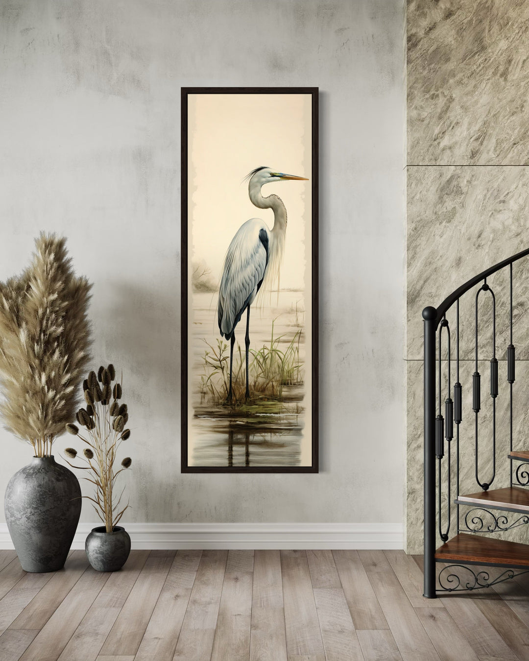 Tall narrow framed canvas wall art featuring a great egret in a serene coastal landscape.