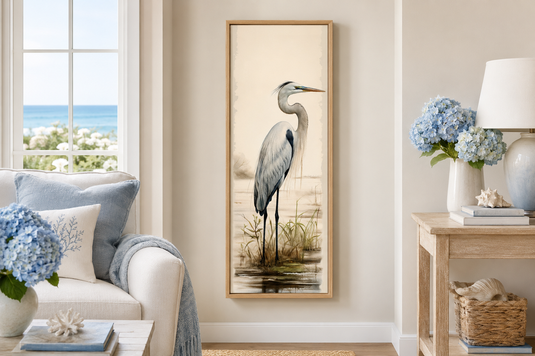 Tall narrow framed canvas wall art featuring a graceful great egret in a coastal watercolor style.