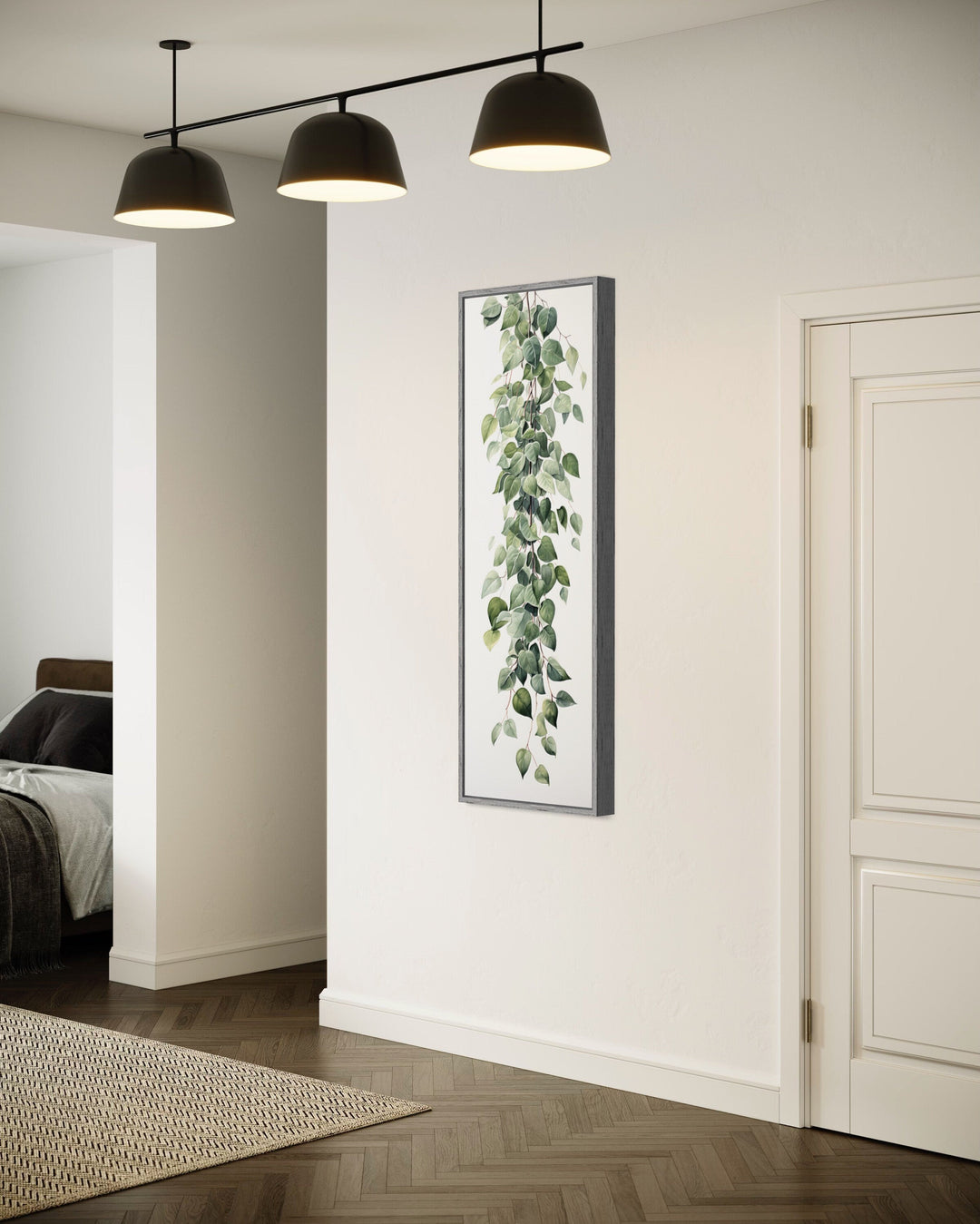 Tall Narrow Green Leaves Minimalist Vertical Framed Canvas Wall Art