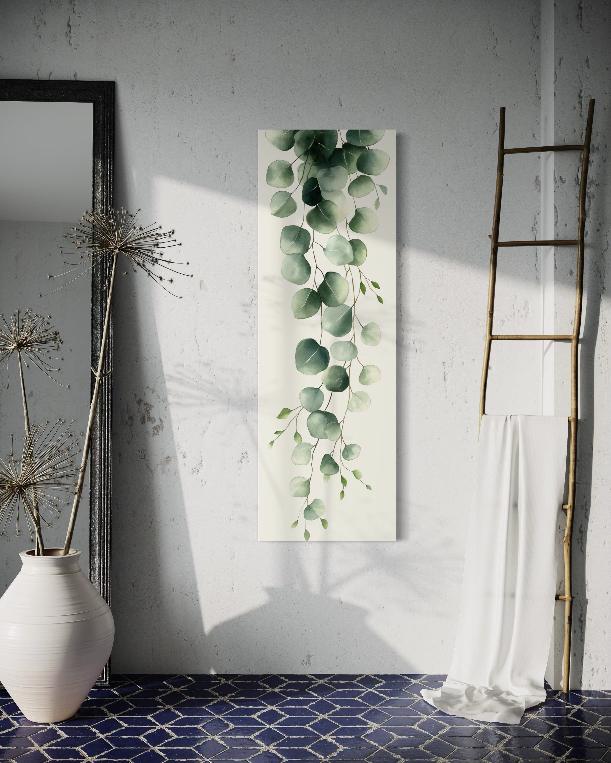 Tall Narrow Green Leaves Canvas Wall Art | Minimalist Vertical