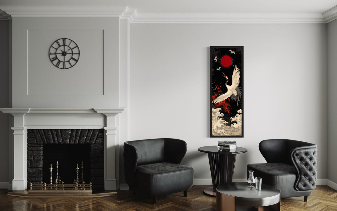 Tall Narrow Japanese Crane Red Black White Framed Canvas Wall Art