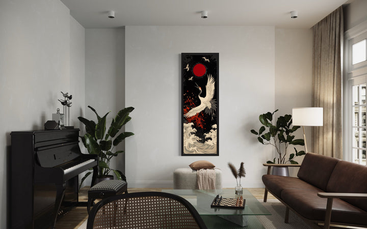 Tall Narrow Japanese Crane Red Black White Framed Canvas Wall Art