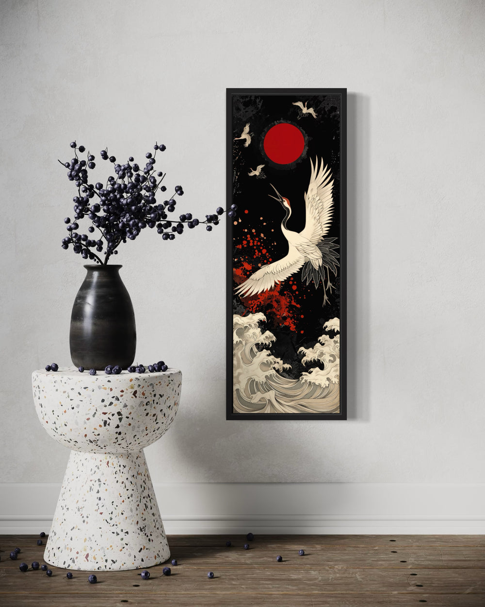 Tall Narrow Japanese Crane Red Black White Framed Canvas Wall Art next to a vase