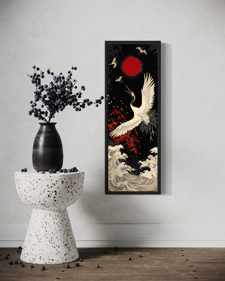 Tall Narrow Japanese Crane Red Black White Framed Canvas Wall Art