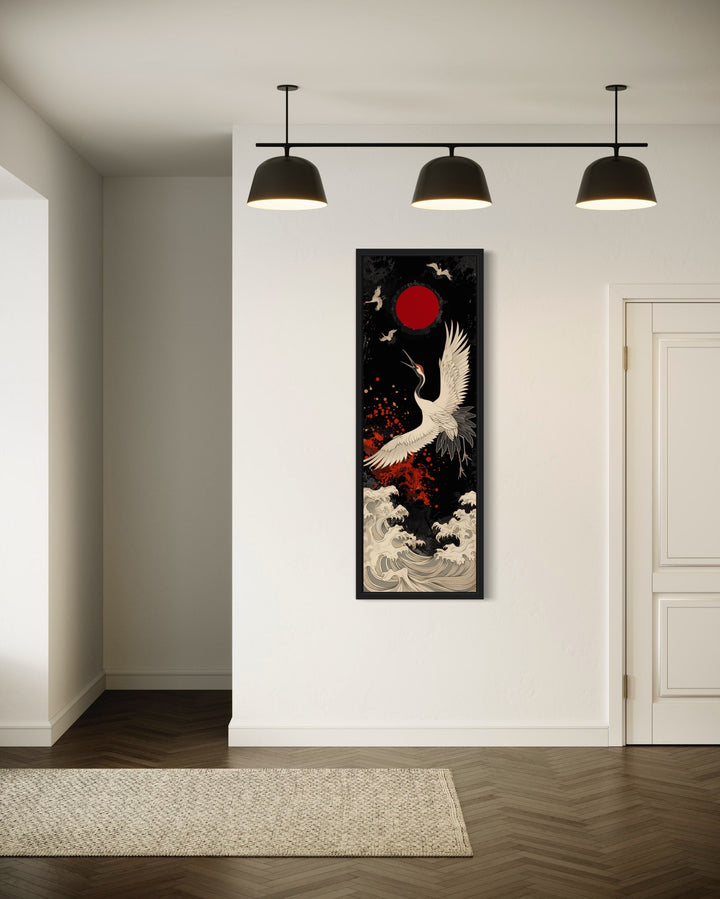 Tall Narrow Japanese Crane Red Black White Framed Canvas Wall Art