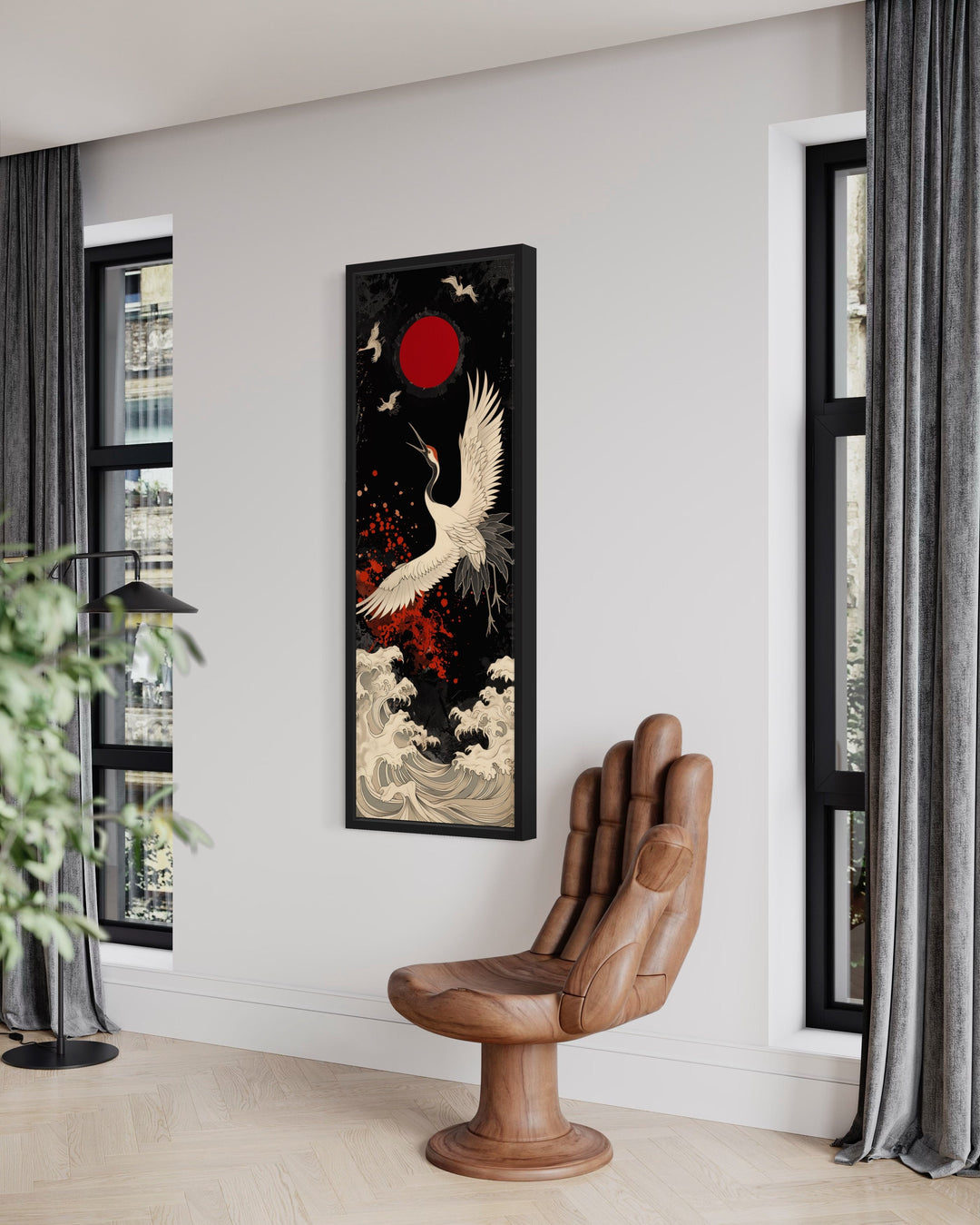 Tall Narrow Japanese Crane Red Black White Framed Canvas Wall Art