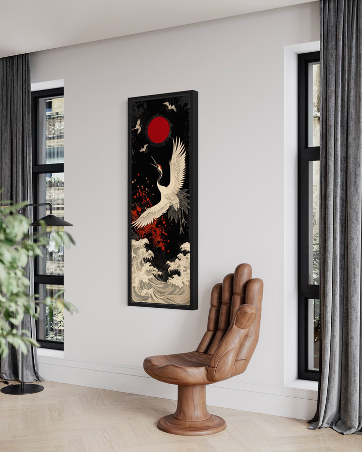 Tall Narrow Japanese Crane Red Black White Framed Canvas Wall Art