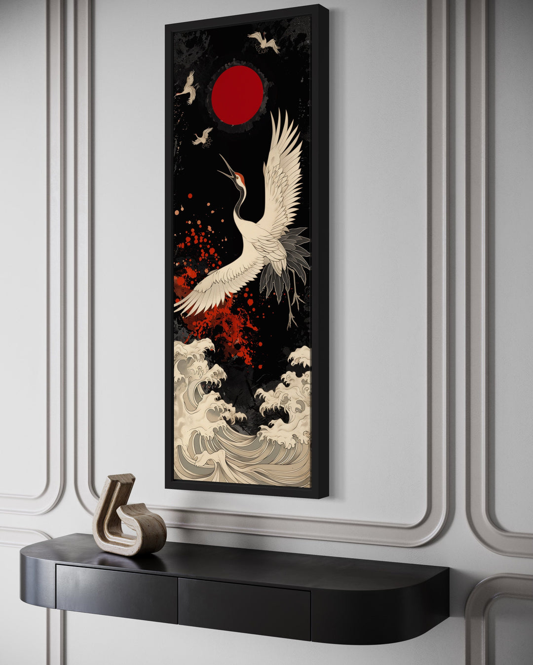 Tall Narrow Japanese Crane Red Black White Framed Canvas Wall Art