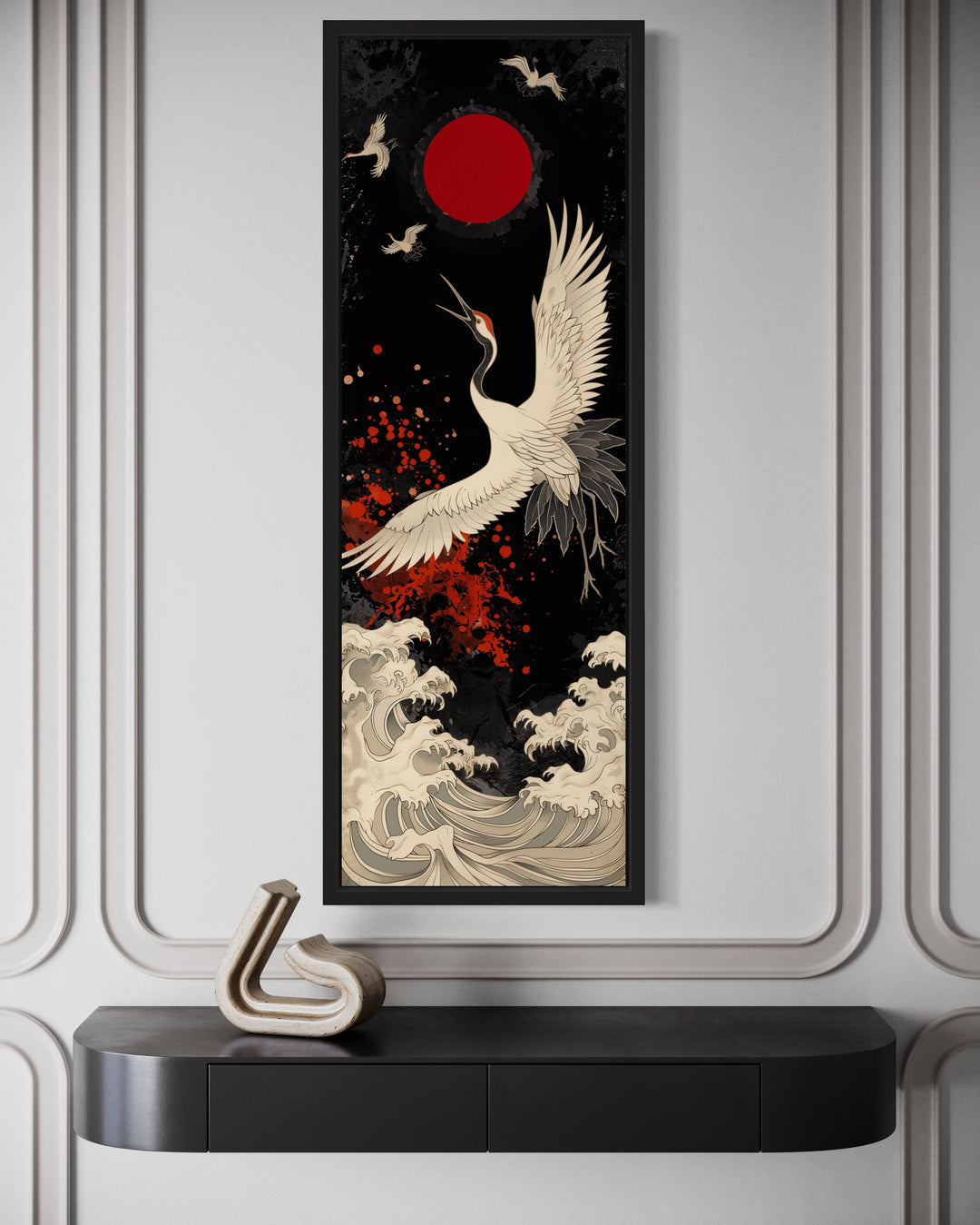 Tall Narrow Japanese Crane Red Black White Framed Canvas Wall Art