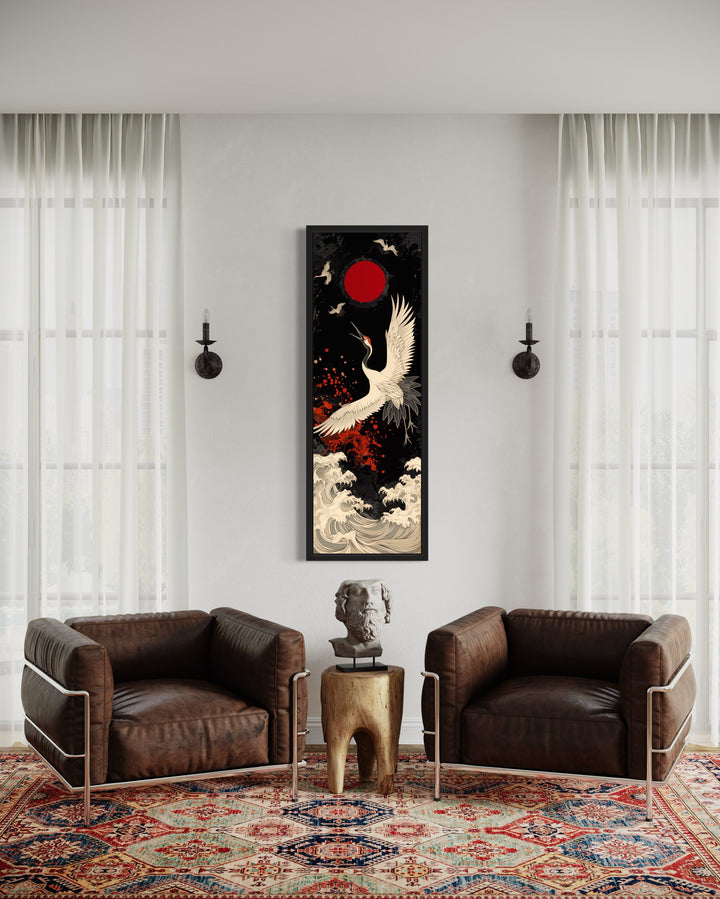 Tall Narrow Japanese Crane Red Black White Framed Canvas Wall Art