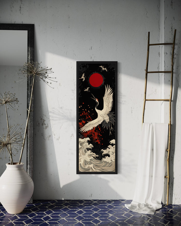 Tall Narrow Japanese Crane Red Black White Framed Canvas Wall Art