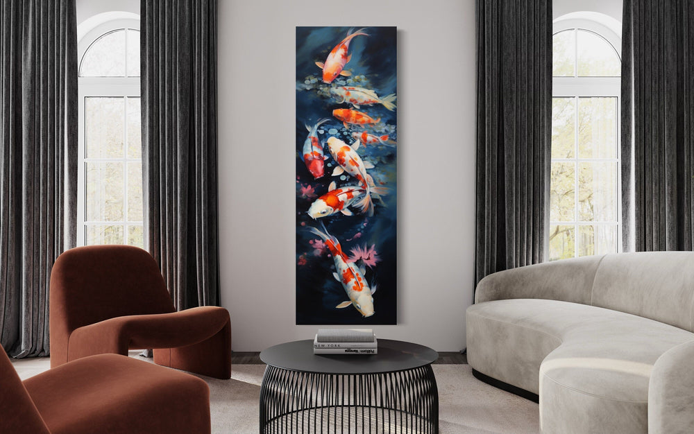 Tall Narrow Koi Fish Vertical Navy Blue Framed Canvas Wall Art