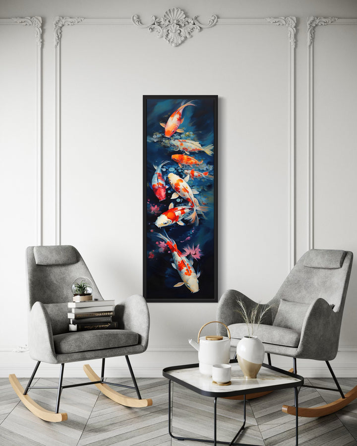 Tall Narrow Koi Fish Vertical Navy Blue Framed Canvas Wall Art