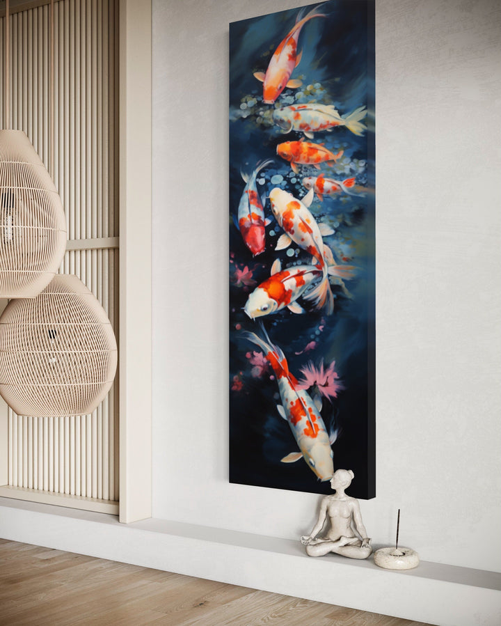 Tall Narrow Koi Fish Vertical Navy Blue Framed Canvas Wall Art