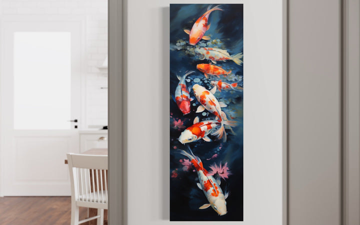 Tall Narrow Koi Fish Vertical Navy Blue Framed Canvas Wall Art