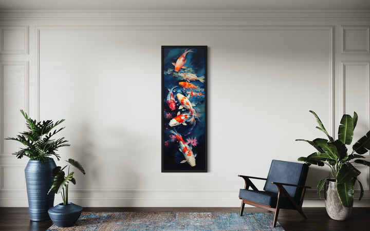 Tall Narrow Koi Fish Vertical Navy Blue Framed Canvas Wall Art