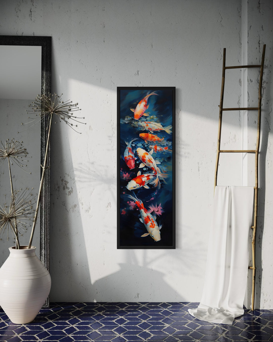 Tall Narrow Koi Fish Vertical Navy Blue Framed Canvas Wall Art