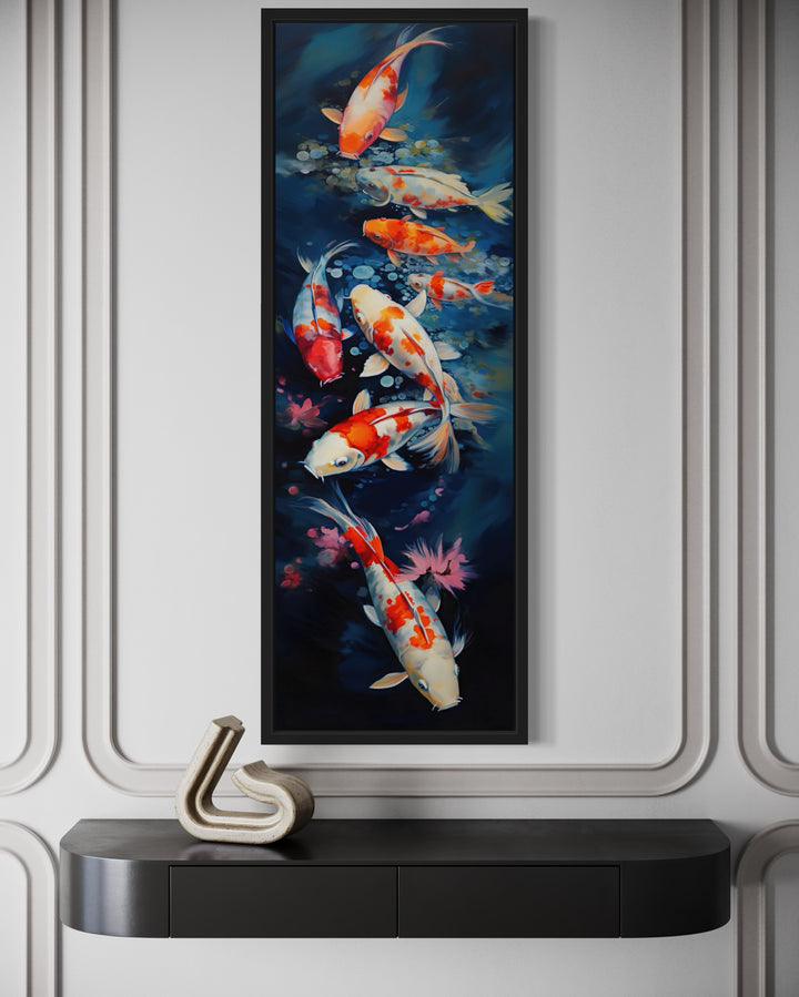 Tall Narrow Koi Fish Vertical Navy Blue Framed Canvas Wall Art